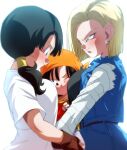  3girls android_18 bandana black_eyes black_hair blonde_hair blue_eyes breast_press breasts dragon_ball dragon_ball_gt dragon_ball_z earrings incest jewelry long_hair medium_breasts mother_and_daughter multiple_girls one_eye_closed orange_bandana pan_(dragon_ball) rom_(20) short_hair simple_background smile time_paradox twintails videl white_background yuri 