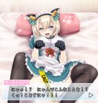  1girl adapted_costume alternate_costume animal_ears apron black_gloves black_hairband black_legwear blue_eyes blue_panties breasts cat_ears dress enmaided fake_animal_ears frilled_apron frills garter_straps gloves green_dress hairband kantai_collection large_breasts lying maid official_alternate_hair_length official_alternate_hairstyle on_back panties pillow short_hair short_sleeves solo thighhighs tk8d32 translation_request underwear victorious_(kancolle) waist_apron white_apron 