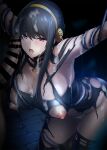  1girl bangs bar_censor black_hair breasts bukkake censored commentary_request cum cum_on_body cum_on_clothes cum_on_hair eyebrows_visible_through_hair facial gold_hairband highres large_breasts long_hair looking_at_viewer nipples onigirikun open_mouth penis red_eyes restrained rose_hair_ornament solo_focus spy_x_family torn_clothes yor_briar 
