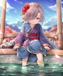  1girl architecture barefoot blue_kimono blue_sky cherry_blossoms cloud commentary_request day east_asian_architecture feet granblue_fantasy grey_hair hair_ornament hair_over_one_eye harvin highres japanese_clothes khell kimono long_hair long_sleeves looking_at_viewer niyon_(granblue_fantasy) obi outdoors parted_lips pointy_ears pouch purple_hair red_eyes sash short_hair sitting sky soaking_feet solo toes water wide_sleeves 