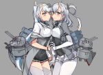  2girls bangs black_gloves black_skirt bodysuit cape chou-10cm-hou-chan_(fuyutsuki&#039;s) chou-10cm-hou-chan_(suzutsuki&#039;s) clothes_writing fuyutsuki_(kancolle) gloves grey_background grey_cape grey_eyes grey_jacket grey_legwear hachimaki half_gloves headband jacket kantai_collection kusanagi_tonbo long_hair microskirt miniskirt multiple_girls neckerchief necktie one_side_up parted_lips pleated_skirt rigging sailor_collar school_uniform serafuku short_sleeves silver_hair simple_background skirt suzutsuki_(kancolle) thighhighs white_bodysuit white_headband white_neckerchief white_necktie white_sailor_collar white_skirt 