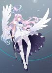  1girl angel_wings assault_rifle bangs blue_archive blush breasts closed_mouth dress eyebrows_visible_through_hair feathered_wings fed_(giba) full_body gun half-closed_eyes halo high_heels highres holding holding_weapon long_hair looking_at_viewer mika_(blue_archive) pantyhose pink_hair puffy_sleeves rifle shoes short_sleeves solo standing very_long_hair weapon white_dress white_legwear white_wings wings 