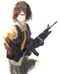  1girl armband assault_rifle black_gloves black_skirt brown_hair brown_shirt bulletproof_vest collared_shirt eyepatch girls&#039;_frontline gloves grenade_launcher gun highres holding holding_gun holding_weapon m16a1 m16a1_(girls&#039;_frontline) necktie orange_eyes orange_necktie rifle scar scar_on_face shirt short_hair simple_background skirt solo tactical_clothes weapon yao_yang 