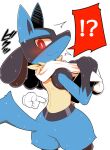  ahirulion anthro biped blue_body blush bodily_fluids canid canine chest_spike disembodied_hand facial_markings head_markings looking_at_viewer lucario mammal markings mask_(marking) nintendo pok&eacute;mon pok&eacute;mon_(species) red_eyes solo spikes spikes_(anatomy) sweat sweatdrop text towel video_games 