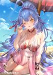  1girl bikini blue_hair blush bra breasts cleavage collar collarbone elsirelle final_fantasy final_fantasy_brave_exvius hair_ornament highres huge_breasts long_hair one_eye_closed open_mouth qian_wu_atai red_bra sitting solo summer swimsuit thick_thighs thighs underwear very_long_hair war_of_the_visions:_final_fantasy_brave_exvius yellow_eyes 