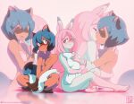 2girls animal_ears barefoot blue_hair blush brand_new_animal breasts closed_eyes closed_mouth completely_nude fox_ears fox_girl fox_tail full_body furry furry_female green_eyes highres hiwatashi_nazuna holding holding_pillow indian_style kagemori_michiru kiss long_hair looking_at_another michirutnk multiple_girls nude open_mouth pillow pink_background pink_hair raccoon_ears raccoon_girl raccoon_tail red_eyes reflection short_hair sitting small_breasts smile soles tail toes yuri 