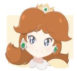  1girl blue_eyes brown_hair chocomiru closed_mouth crown dress earrings eyebrows_visible_through_hair jewelry looking_at_viewer lowres mario_(series) medium_hair princess_daisy sketch smile solo tiara upper_body yellow_dress 