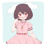  1girl :3 :d animal_ears aqua_background arinu bangs black_hair carrot_necklace dress eyebrows_visible_through_hair floppy_ears highres inaba_tewi looking_at_viewer open_mouth outside_border pink_dress rabbit_ears red_eyes short_hair short_sleeves simple_background smile solo standing touhou 