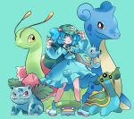  1girl arms_up artist_name backpack bag bangs blue_eyes blue_skirt boots bulbasaur closed_mouth collared_shirt crossover frilled_skirt frills gastrodon gastrodon_(east) hair_bobbles hair_ornament hand_on_headwear highres holding holding_poke_ball horsea isosceless ivysaur kawashiro_nitori key lapras legs_apart looking_to_the_side lotad medium_hair medium_skirt meganium official_style pocket poke_ball pokemon shirt short_twintails skirt skirt_set smile touhou twintails 