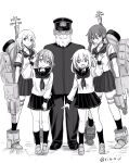  1boy 4girls adapted_turret admiral_(kancolle) akebono_(kancolle) beard cannon commentary_request facial_hair folded_ponytail greyscale highres ikazuchi_(kancolle) inazuma_(kancolle) kantai_collection long_hair machinery monochrome multiple_girls neckerchief oboro_(kancolle) old old_man pleated_skirt rin_(rin_niji) school_uniform serafuku short_hair side_ponytail skirt standing turret 