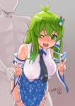  1boy 1girl bangs blue_skirt bouncing_breasts breasts double_v drooling eyebrows_visible_through_hair faceless faceless_male frog_hair_ornament green_eyes green_hair grey_background hair_ornament hair_tubes japanese_clothes kei_jiei kochiya_sanae large_breasts long_hair miko panties panty_pull pink_panties saliva sex sex_from_behind sideboob simple_background skirt snake_hair_ornament touhou underwear v 