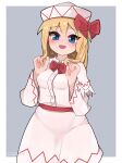  1girl absurdres artist_name blonde_hair blue_eyes blush border buttons capelet dress eyebrows_visible_through_hair fairy hair_between_eyes hat highres lily_white long_hair long_sleeves open_mouth signature smile solo topadori touhou white_border white_capelet white_dress white_headwear 