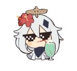  1girl black_scarf blue_hawaii chibi cocktail cup drinking_glass drinking_straw_in_mouth flower genshin_impact hair_flower hair_ornament hibiscus hurricane_glass ice ice_cube mechanical_halo official_art paimon_(genshin_impact) paimon_genshin7 red_flower scarf short_hair sunglasses tropical_drink white_hair 