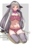  1girl absurdres animal_ears bare_shoulders bikini breasts collarbone commentary elbow_gloves eyebrows_visible_through_hair frilled_bikini frills full_body gloves grey_gloves grey_hair grey_legwear hair_ribbon highres kemono_friends large_breasts long_hair looking_at_viewer navel pink_bikini pink_ribbon red_eyes ribbon simple_background sitting solo stirrup_legwear stomach swimsuit tanabe_(fueisei) thighhighs toeless_legwear very_long_hair walrus_(kemono_friends) white_hair 