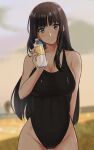  1girl absurdres amagami ayatsuji_yukari black_eyes black_hair black_swimsuit blurry blurry_background bottle breasts commentary_request contrapposto cowboy_shot highleg highleg_swimsuit highres large_breasts long_hair looking_at_viewer smile solo standing swimsuit ykh1028 