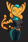  alien angela_cross anthro belt big_breasts blue_eyes brainz_plz breasts brown_stripes clothing curvaceous curvy_figure female fur gloves glowing hand_on_hip handwear headgear headwear hi_res hourglass_figure jumpsuit light lombax looking_aside looking_away mammal markings raised_tail ratchet_and_clank smile solo solo_focus sony_corporation sony_interactive_entertainment striped_body striped_ears striped_fur striped_markings striped_tail stripes tail_markings thigh_gap tight_clothing video_games voluptuous wide_hips yellow_body yellow_fur 