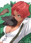  1girl akisa_(12023648) breasts buttons cleavage closed_mouth giovanna_(guilty_gear) green_eyes guilty_gear guilty_gear_strive medium_breasts red_hair rei_(guilty_gear) shirt short_hair simple_background smile suspenders twitter_username upper_body white_background white_shirt wolf 