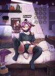  anthro bed bed_sheet bedding bedroom bulge cd cervid clothing disc embarrassed emo furniture girly goth hi_res legwear male mammal mynameiscomic neon neon_lights plushie poster solo stockings weezer 