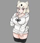  1girl :&lt; absurdres alternate_costume animal_ears bear_ears bear_girl bear_tail black_hair black_legwear blonde_hair breasts brown_eyes cleavage closed_mouth colored_inner_hair cowboy_shot extra_ears hand_up highres hood hood_down hoodie kemono_friends large_breasts long_sleeves looking_at_viewer medium_hair multicolored_hair nanoder polar_bear_(kemono_friends) sidelocks sketch sleeves_past_wrists solo tail thighhighs tsurime two-tone_hair zettai_ryouiki 