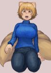  1girl :d absurdres alternate_costume animal_ears bangs barefoot blonde_hair blue_sweater blush breasts chanta_(ayatakaoisii) denim eyebrows_visible_through_hair fox_ears fox_tail grey_background happy highres jeans large_breasts long_sleeves looking_at_viewer multiple_tails no_hat no_headwear nose_blush open_mouth pants ribbed_sweater short_hair simple_background sitting slit_pupils smile solo sweater tail touhou turtleneck turtleneck_sweater yakumo_ran yellow_eyes 