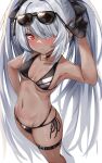  1girl bikini black_bikini black_gloves blue_archive blush breasts choker dark-skinned_female dark_skin demon_tail eyewear_on_head gloves hair_over_one_eye hair_ribbon highres iori_(blue_archive) iori_(swimsuit)_(blue_archive) long_hair looking_at_viewer navel no_tail official_alternate_costume pointy_ears red_eyes ribbon rokita side-tie_bikini silver_hair small_breasts solo string_bikini sunglasses swimsuit tail thigh_strap twintails very_long_hair white_background 