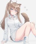  1girl :o absurdres ahoge animal_ear_fluff animal_ears bare_legs blue_eyes blush breasts brown_hair cat_ears cat_girl cat_tail collar collared_shirt dress_shirt eyebrows_visible_through_hair feet_out_of_frame hand_on_own_knee highres knees_up long_hair long_sleeves looking_at_viewer medium_breasts multicolored_hair no_pants original parted_lips shano_hiyori shirt simple_background sitting socks solo streaked_hair tail tail_through_clothes twintails two-tone_hair white_background white_hair white_legwear white_shirt 