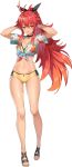  1girl antenna_hair arms_behind_head artist_request bangs black_choker breasts cermia_(epic_seven) choker epic_seven front-tie_top full_body hands_up hawaiian_shirt medium_breasts official_art ponytail red_hair sandals shirt short_sleeves sidelocks simple_background solo swimsuit third-party_source third_eye tied_shirt toeless_footwear transparent_background yellow_eyes 