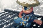  blurry brown_headwear capelet closed_eyes commentary_request greninja hat highres pokemon pokemon_(creature) sitting snow snowing solo tongue yukifuri_tsuyu 