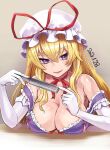  1girl bangs blonde_hair blush breast_rest breasts breasts_on_table cleavage collarbone dated dress elbow_gloves eyebrows_visible_through_hair folding_fan frills gloves hand_fan hat hat_ribbon kei_jiei large_breasts long_hair looking_at_viewer mob_cap nipple_cutout purple_dress purple_eyes red_ribbon ribbon simple_background smile solo table touhou white_gloves yakumo_yukari 