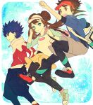  1girl 2boys arms_up bag black_hair blue_eyes blue_jacket brown_eyes brown_hair double_bun eyelashes hugh_(pokemon) jacket medium_hair multiple_boys nate_(pokemon) pokemon pokemon_(game) pokemon_bw2 red_eyes rosa_(pokemon) rui_(kyaptan) shirt short_hair shorts shoulder_bag spiked_hair twintails visor_cap yellow_shorts 