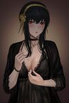  1girl black_choker black_hair blush bracelet breasts choker cleavage commentary_request gold_hairband highres jewelry looking_at_viewer medium_breasts nightgown parted_lips red_eyes rose_hair_ornament selcky short_hair_with_long_locks solo spy_x_family sweat yor_briar 