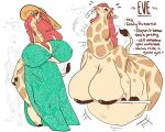  anthro belly big_belly big_breasts bodily_fluids breasts clothing digital_media_(artwork) dress duo eve_(mulberrytarthorse) feeding female flying_sweatdrops giraffe giraffid hair hi_res huge_breasts hyaenid larger_female long_hair mammal motion_lines muffled mulberrytarthorse neck_bulge nipples nude oral_vore size_difference smaller_female solo_focus struggling sun_hat swallowing sweat sweatdrop thick_thighs vore 