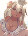  1boy 1girl absurdres ahoge bikini blush breasts brown_eyes censored cleavage commission dark-skinned_female dark_skin faceless faceless_male flower front-tie_bikini front-tie_top granblue_fantasy hair_between_eyes hair_flower hair_ornament halterneck hand_on_another&#039;s_thigh hanjuku_choco-pai head_tilt hetero hibiscus highres large_breasts long_hair looking_at_viewer mosaic_censoring open_mouth paizuri penis pov skeb_commission smile solo_focus sweat swimsuit very_long_hair white_bikini white_hair zooey_(granblue_fantasy) 