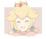  1girl artist_request bangs blonde_hair border chocomiru closed_eyes crown dress earrings eyebrows jewelry long_hair lowres mario_(series) open_mouth pink_dress princess_peach smile solo tiara upper_body white_border 