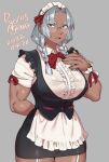  1girl agawa_ryou apron bangs black_skirt black_vest bow bowtie braid breasts collared_shirt cowboy_shot dark-skinned_female dark_skin dated dress_shirt english_commentary frilled_apron frills garter_straps grey_background grey_eyes large_breasts long_hair looking_at_viewer maid_apron maid_headdress muscular muscular_female original parted_bangs pencil_skirt red_bow red_bowtie red_legwear shirt signature silver_hair simple_background skirt solo thick_thighs thighs twin_braids vest white_apron white_garter_straps wrist_cuffs 