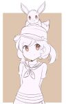  1girl bangs baseball_cap border brown_background brown_eyes chocomiru closed_mouth eevee elaine_(pokemon) hat looking_at_viewer monochrome pokemon pokemon_(creature) pokemon_(game) pokemon_lgpe school_uniform short_hair sketch unfinished white_border 