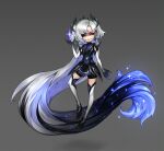  1girl absurdly_long_hair bangs black_dress black_hair black_shorts blue_hair closed_mouth detached_sleeves dress edg_zoe english_commentary gradient gradient_background grey_background grey_hair grey_legwear hair_ornament hand_up heterochromia highres league_of_legends long_hair multicolored_hair pink_eyes shorts simple_background smile solo thighhighs very_long_hair vladbacescu zoe_(league_of_legends) 