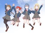  4girls bangs blonde_hair blue_eyes blue_hair blunt_bangs braid brown_hair check_commentary cloud cloudy_sky commentary commentary_request eyebrows_visible_through_hair gradient_hair green_eyes hair_bun highres long_hair love_live! love_live!_superstar!! low_twintails maruyo multicolored_hair multiple_girls onitsuka_natsumi pantyhose pink_hair red_eyes red_hair sakurakoji_kinako school_uniform short_hair sky smile twin_braids twintails wakana_shiki yoneme_mei yuigaoka_school_uniform 