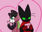  &lt;3 anthro appie4 big_eyes black_body black_eyes black_fur black_nose black_pupils blue_sclera blush blush_lines brown_body brown_fur canid canine cape cartoon_network clothed clothing domestic_cat duo embarrassed felid feline felis female fully_clothed fur gloves green_sclera handwear holding_object interspecies letter looking_down love_letter male male/female mammal mao_mao:_heroes_of_pure_heart mostly_nude nude pink_background pink_ears pupils raccoon_dog romantic romantic_couple scarf scarf_only sheriff_mao_mao_mao shy simple_background standing suit tanuki tanya_keys 