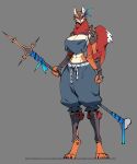 abs anthro armor big_breasts breasts canid canine clothing digitigrade female fox hi_res jijis-waifus mammal melee_weapon one_eye_closed polearm solo spear weapon 