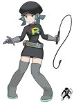  1girl belt black_dress black_headwear boots closed_mouth dress flowers-imh full_body gloves green_hair grey_belt grey_eyes grey_footwear grey_gloves hat highres holding holding_whip logo pigeon-toed pokemon pokemon_(game) pokemon_usum serious standing team_rainbow_rocket team_rainbow_rocket_grunt team_rainbow_rocket_uniform thigh_boots thighhighs thighs v-shaped_eyebrows whip 