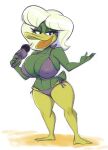  anatid anseriform anthro avian beak big_breasts bikini bikini_bottom bikini_top bird black_eyes blonde_hair breasts cleavage clothed clothing digital_media_(artwork) disney duck ducktales ducktales_(2017) eyebrows female flippers full-length_portrait green_body green_breasts green_tail hair hi_res holding_microphone holding_object huge_breasts joelasko lidded_eyes long_hair microphone multicolored_body nipples_through_clothes open_beak open_mouth platinum_blonde platinum_blonde_hair portrait purple_bikini purple_clothing purple_swimwear reporter roxanne_featherly shaded short_tail simple_background solo standing string_bikini swimwear thick_thighs two_tone_body white_background wide_hips yellow_beak yellow_body 