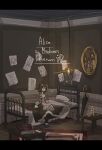 1girl alice:_madness_returns alice_liddell american_mcgee&#039;s_alice apron bed black_hair blanket book copyright_name dress enothela pantyhose paper picture_frame pillow short_hair solo striped table 
