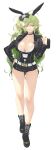  1girl absurdres animal_ears bag bangs belt black_footwear black_leotard boots breasts choker cleavage closed_mouth collarbone commentary_request commission elf elsword fake_animal_ears full_body green_hair hair_ornament hand_on_hip handbag highres holding large_breasts leotard lips long_hair long_sleeves looking_at_viewer murata_tefu pointy_ears rabbit_ears rena_erindel shiny shiny_hair simple_background skeb_commission smile solo thighs white_background yellow_eyes zipper zipper_pull_tab 