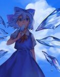  1girl bangs blue_bow blue_dress blue_eyes blue_hair bow cirno cloud collared_shirt dress eyebrows_visible_through_hair food hair_between_eyes hair_bow highres ice_cream looking_at_viewer melting neck_ribbon popsicle_in_mouth puffy_short_sleeves puffy_sleeves red_ribbon ribbon shidaccc shirt short_hair short_sleeves solo sweat touhou water water_drop white_shirt 