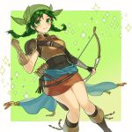  arrow_(projectile) bandana boots bow_(weapon) breasts closed_mouth fire_emblem fire_emblem:_the_blazing_blade green_background green_eyes green_hair holding holding_bow_(weapon) holding_weapon medium_breasts quiver rebecca_(fire_emblem) sparkle_background thighs upper_body weapon white_background youheiogm 