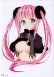  after_fellatio breasts cum cum_in_mouth cumdrip gloves green_eyes highres long_hair medium_breasts no_title pink_hair sasahiro solo twintails 