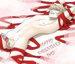  angry artist_request bdsm blonde_hair bondage bound erection genjou_sanzou happy_valentine lace lying male_focus male_pubic_hair naked_ribbon nipples nude on_back pale_skin penis penis_ribbon pubic_hair ribbon ribbon_bondage saiyuki solo valentine 