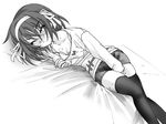  bangs bed breasts casual clothed_masturbation downblouse grabbing greyscale long_sleeves lying masturbation masutaauu medium_breasts monochrome self_fondle solo suzumiya_haruhi suzumiya_haruhi_no_yuuutsu thighhighs 