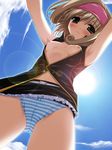  blue_panties bow bow_panties boy_meets_girl cloud day from_above game_cg miniskirt nipples no_bra open_clothes open_shirt panties rotated shintarou shirt skirt sky solo souma_nanami striped striped_panties underwear vest 